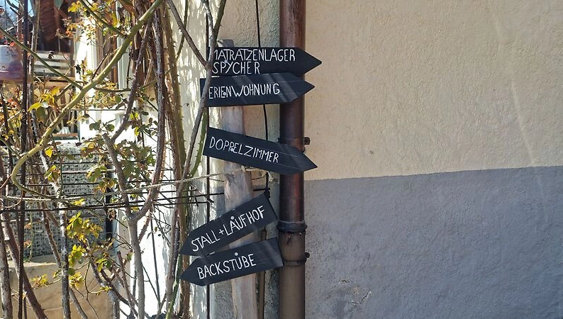 Wegweiser zu den &Uuml;bernachtungsm&ouml;glichkeiten, Ferienwohnung, Backstube, Stall
